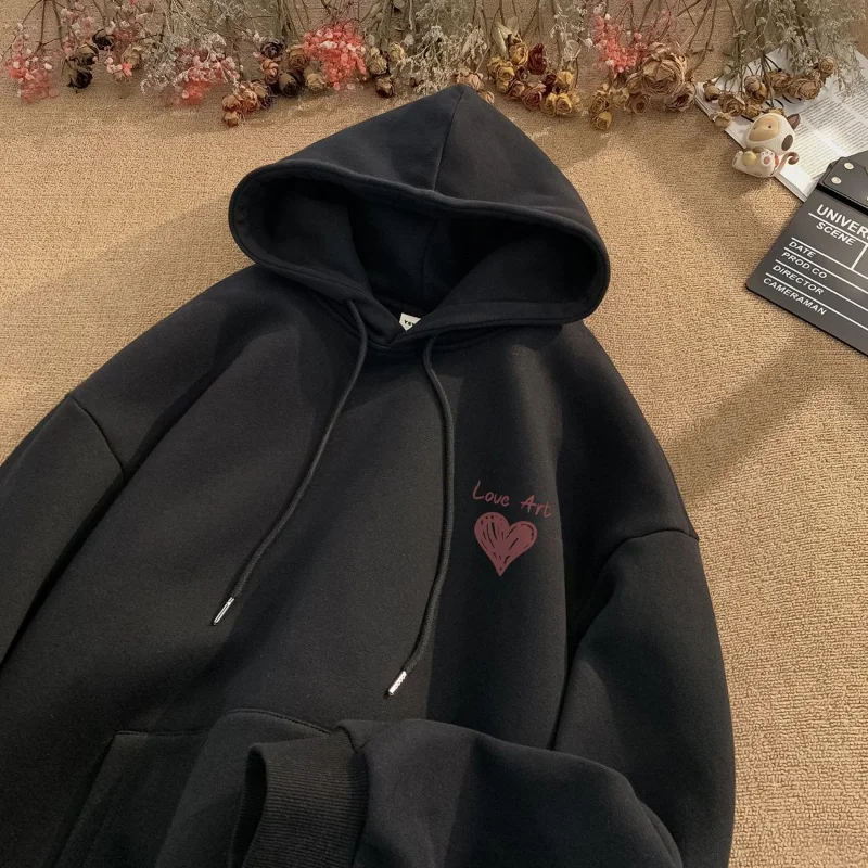 Female Autumn Winter New Love Print Loose Hoodies Sweatshirts Solid Color Simplicity Pullovers Top Casual Fashion Women Clothing
