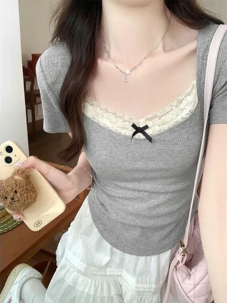 

Deeptown Coquette Y2k Sexy Lace Cropped Knitted Top Women Sweet Girls Slim Wrap Short Sleeve T-shirt 2024 Spring Summer