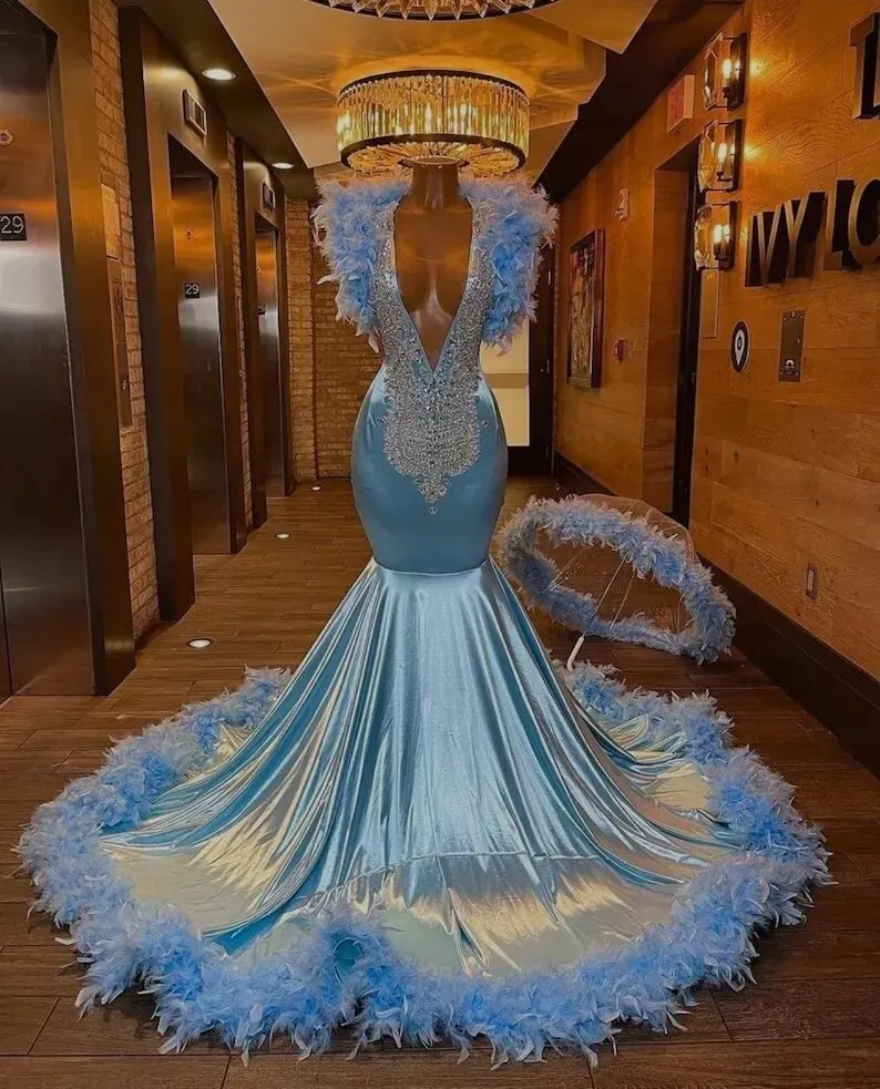 

Sky Blue African American Prom Dresses Mermaid Sheer Beaded Feather Black Girls Nigeria Robe De Soiree Evening Dress Gown