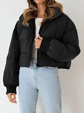  Women winter solid color warm and versatile down jacket short sleeve stand collar puffy thin zipper pocket jacket 