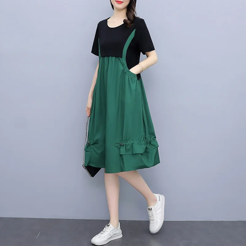 

Fake Two-Piece Dress Women 2023 Summer New Casual Long Dresses Female Korean Loose Pockets Meat And Slim Casual Strap Dress