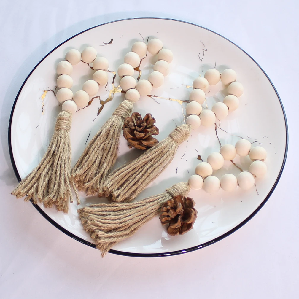 Cream Wooden Napkin Rings with Woven Jute Beaded Tassel