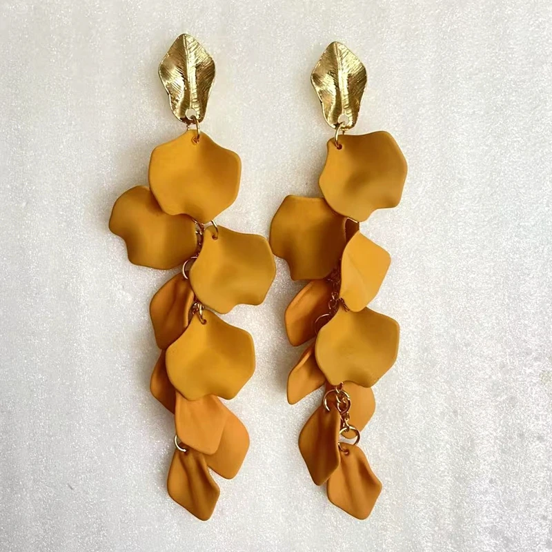 Gold Metal Leaf Acrylic Petal Tassel Earrings - Bold Floral Statement in Rose, Pink, and Orange