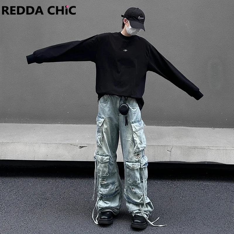 

REDDACHIC Torn Multi-pocket Men's Cargo Pants Vintage Blue Wash Ripped Holes Wide Leg Baggy Jeans Skater Hiphop Y2k Streetwear