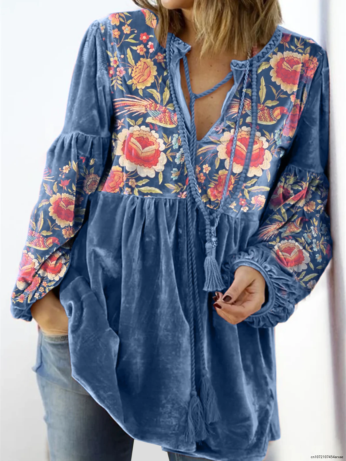 

Onersize Velvet Tee Top V Neck Tie Front Gathered Floral Top Vintage Embroideray Lantern Sleeve Lace Up Autumn Top for Women