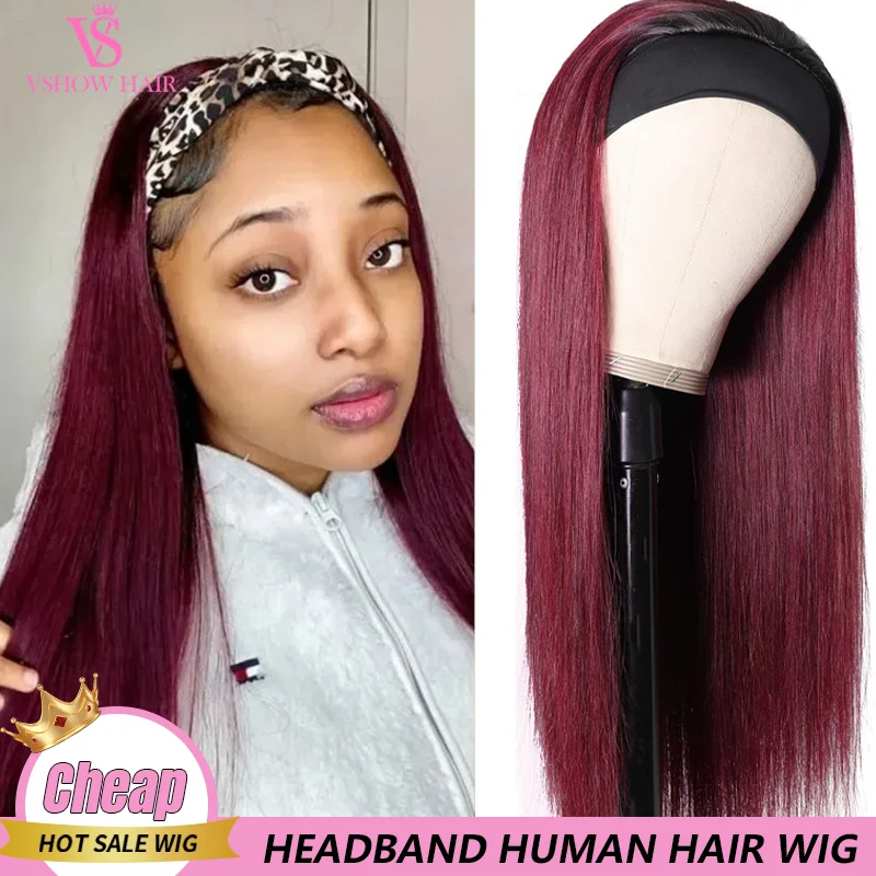

99J RED Burgundy Colored Human Hair Wig Straight 32 Inch Headband Wig For Women 180% Brazilian Glueless On Sale Virgin Hair