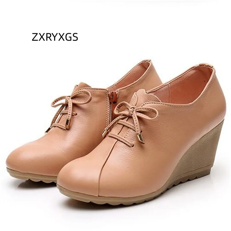 

ZXRYXGS Elegant Comfortable Wedges Shoes Women High Heeled Shoes 2024 New Spring Fashionable Versatile Bow Real Leather Shoes