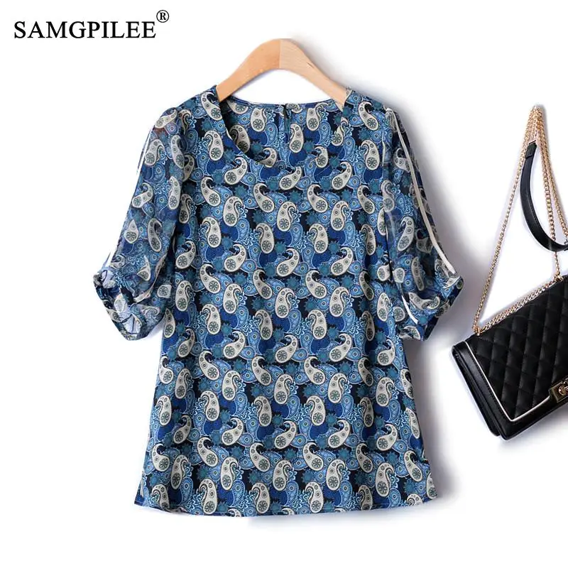 

Блузка женская шифоновая с круглым вырезом, модная винтажная тонкая рубашка во французском стиле, с рукавом средней длины и цветочным принтом кешью, 4XL, лето 2022