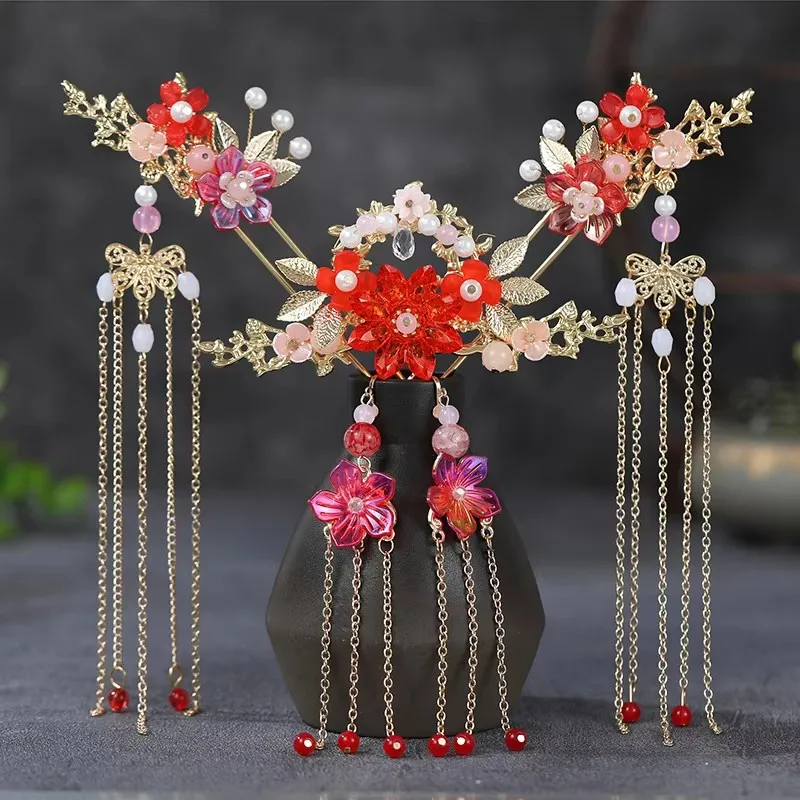 Chinese Style Pearl Crystal Hairpin Earring Set For Women Bride Party Hanfu Wedding Bridal Hair Accessories Jewelry Pin Band