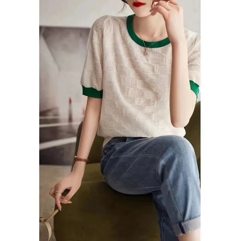 

Summer new crewneck color small checker knitted short sleeve ice silk T-shirt women's cotton thread half sleeve loose T-shirt