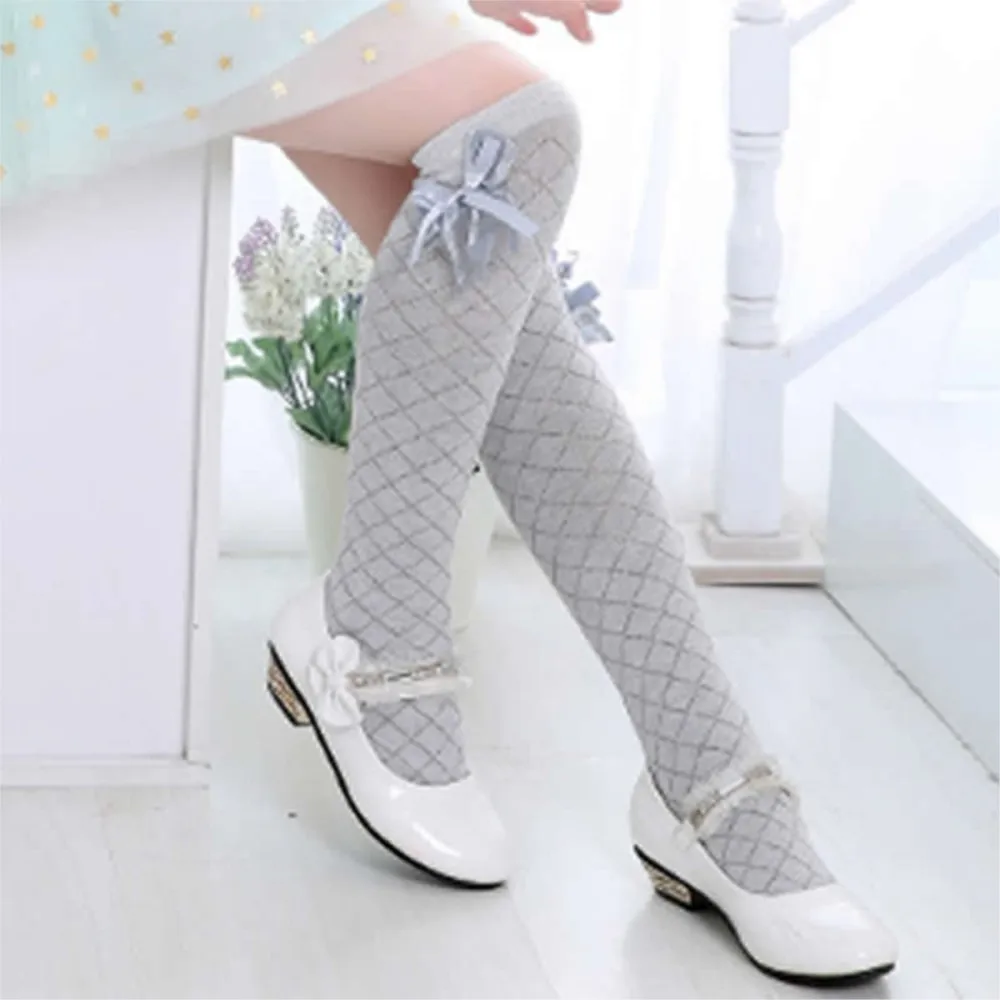 Kids Socks Fall Tube Rhombus Lattice Girl princess cotton lace bowknot thin 100% knee high above long