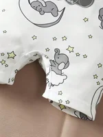 Newborn Baby Boys' Casual Cute Cartoon Elephant Pattern Round Neck Short Sleeve Romper With Shoulder Snaps, Shorts And Hat 3