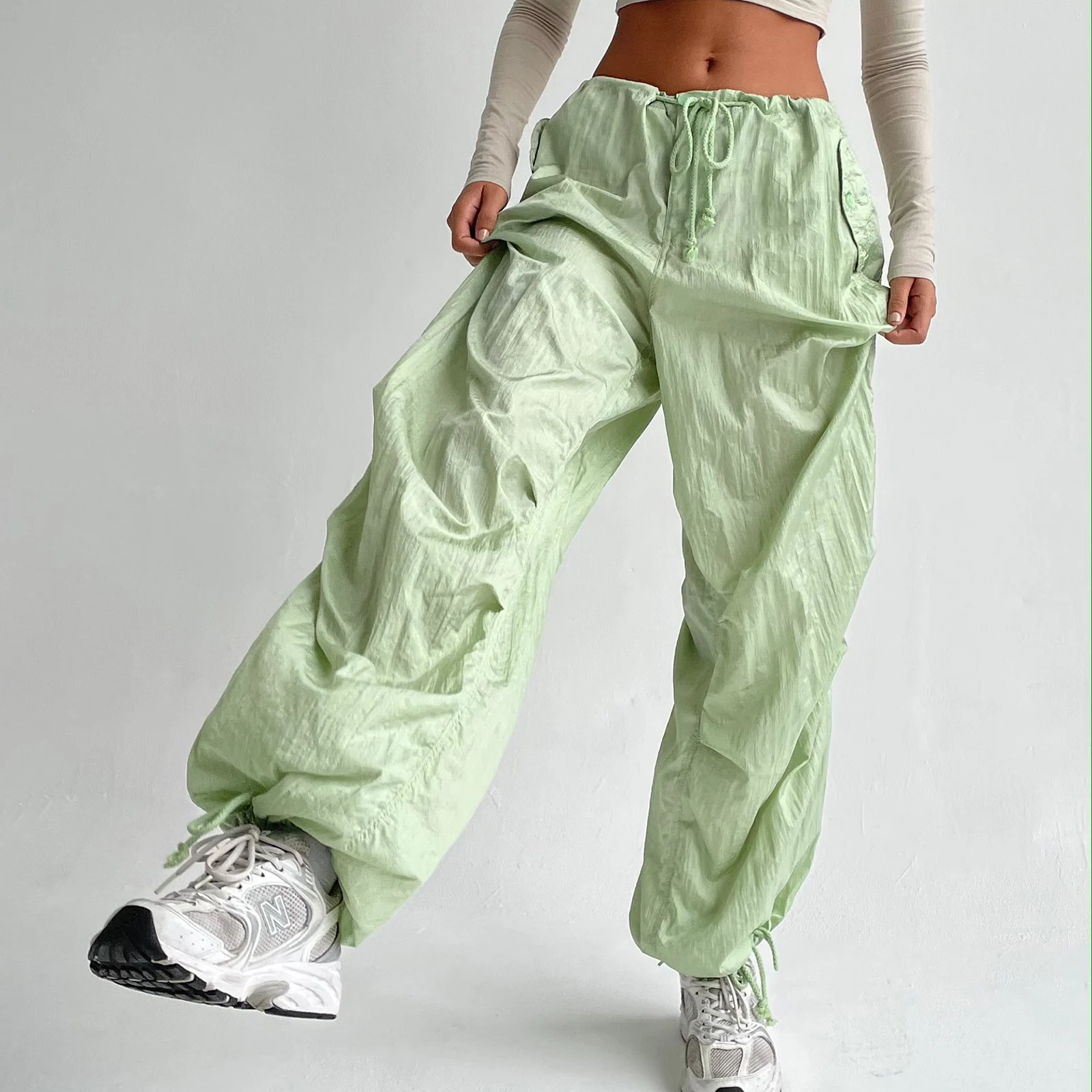 New Fashion Womens Pants Adult Casual Solid Color Loose Fit Drawstring Waistband Pants Female Trousers Club Street Style S M L