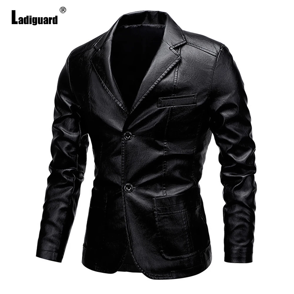 

Ladiguard 2023 Autumn New Cool Luxury Pu Leather Jackets Men Casual Stand Pocket Outerwear Black Brown Soft Faux Leather Jacket