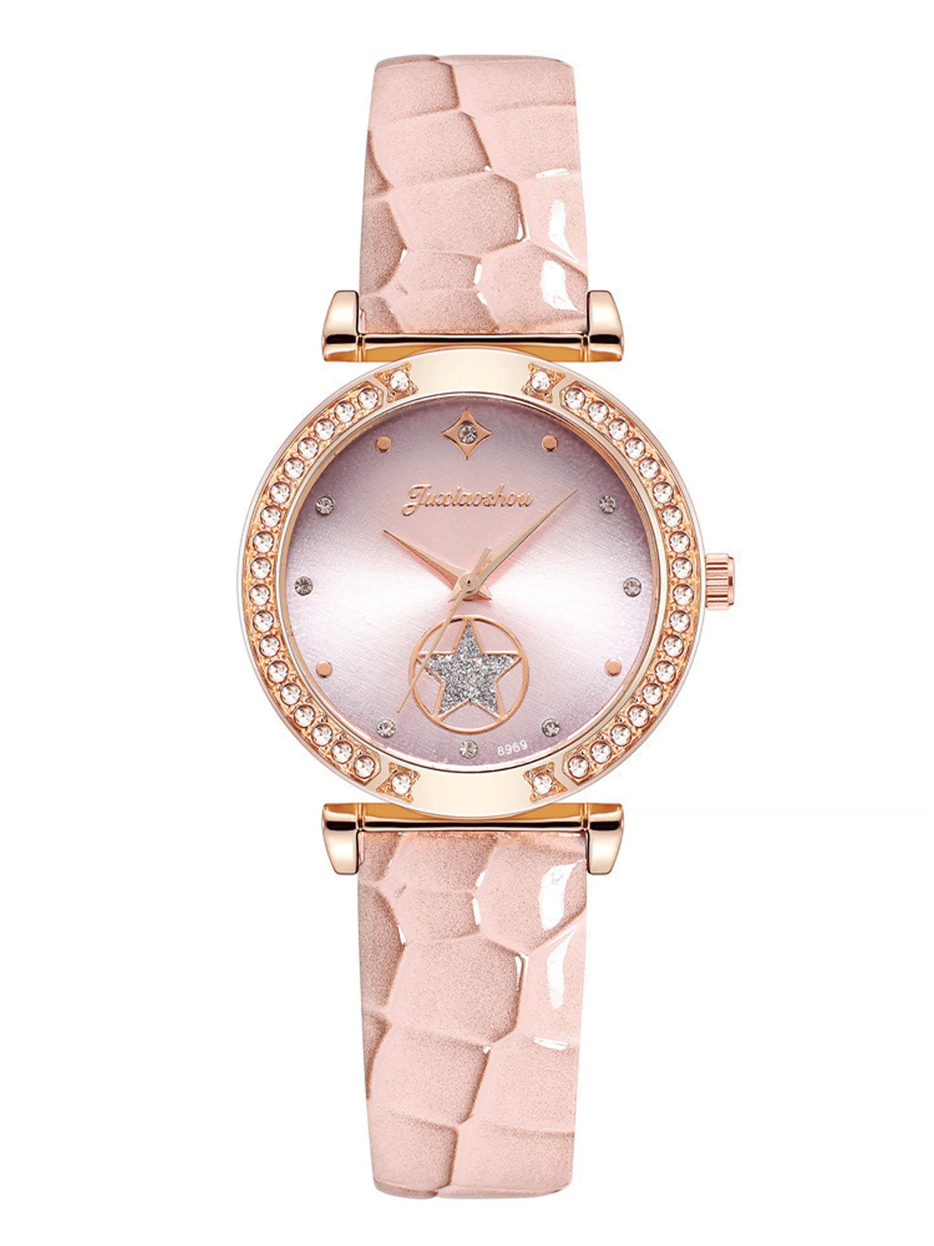 6-piece set of starry quartz watches, fashionable, light luxury, diamond inlaid women's watch, round pentagram leather watch set