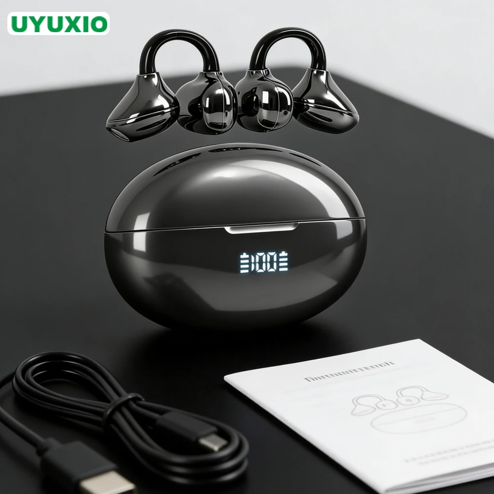 UYUXIO OWS 무선 이어버드 BT 5.4 헤드폰 HiFi 스테레오 이어폰, 48시간 재생, 투명한 통화, 휴대폰/노트북용 클립형