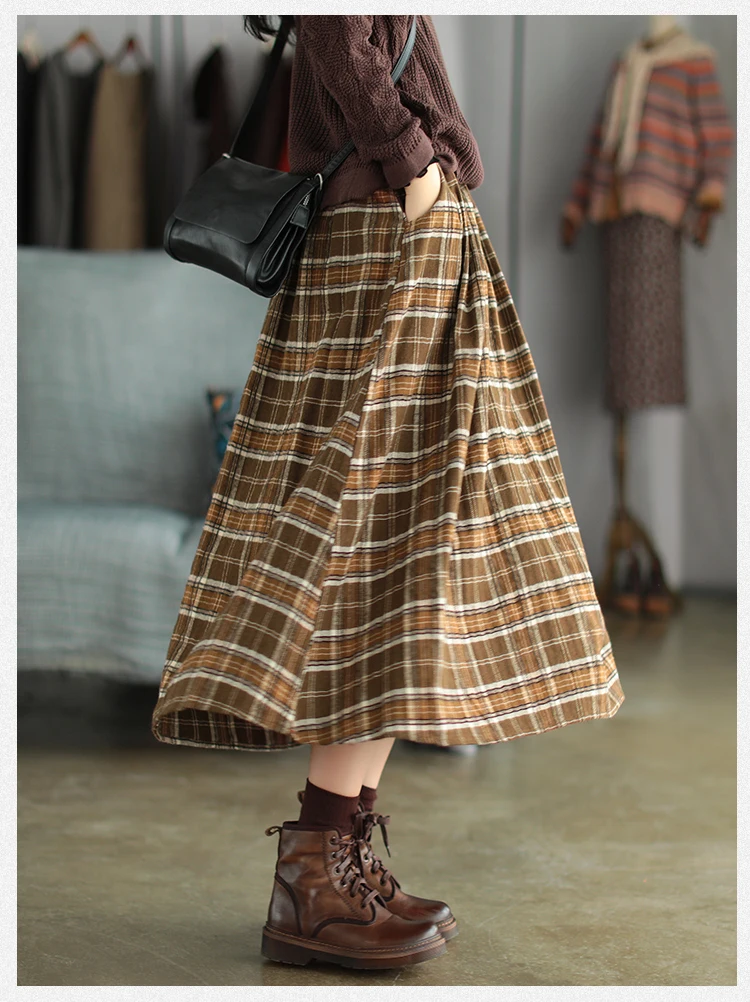 Women Skirt Spring Winter Retro Loose All-match Tops Ladies New Elastic Waist pocket Plaid Vintage Skirt FT826 skorts for women