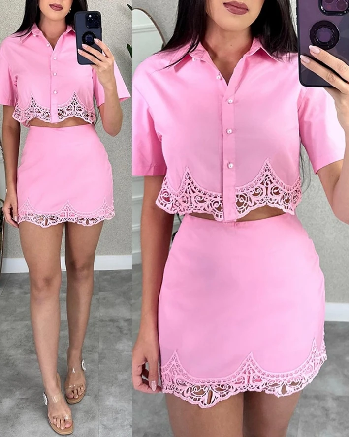 Casual Two Piece Sets Women Outifits 2024 Summer Lace Trim Buttoned Fly Short Sleeve Shirt Top & High Waist Mini Skirt Set