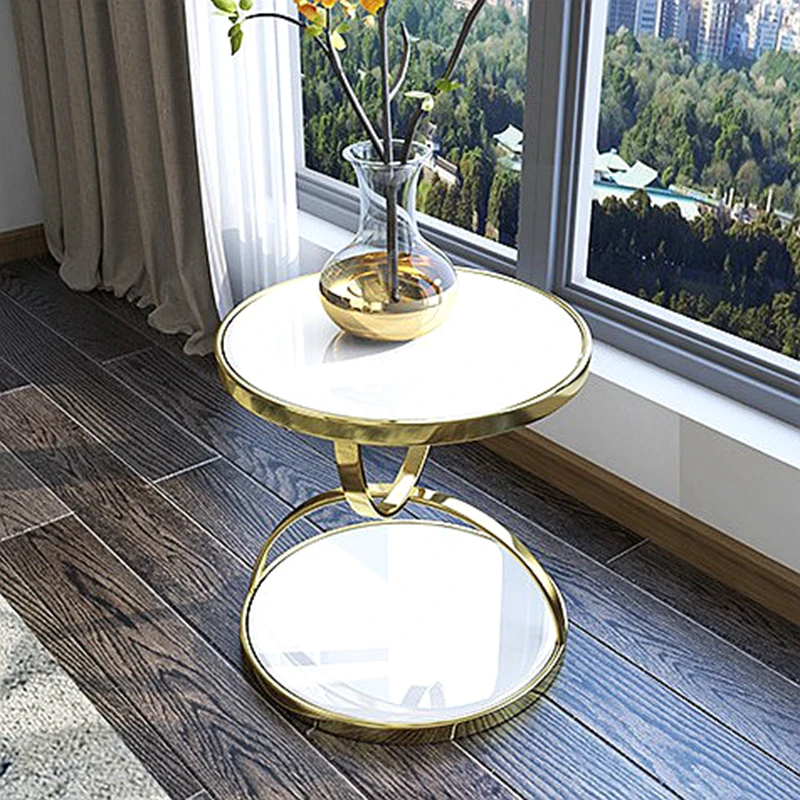 

Toughened Marble Glass Corner Luxury Table Living Room Marble Sofa Side Stainless Steel Gold Round Postmoder Furnitures