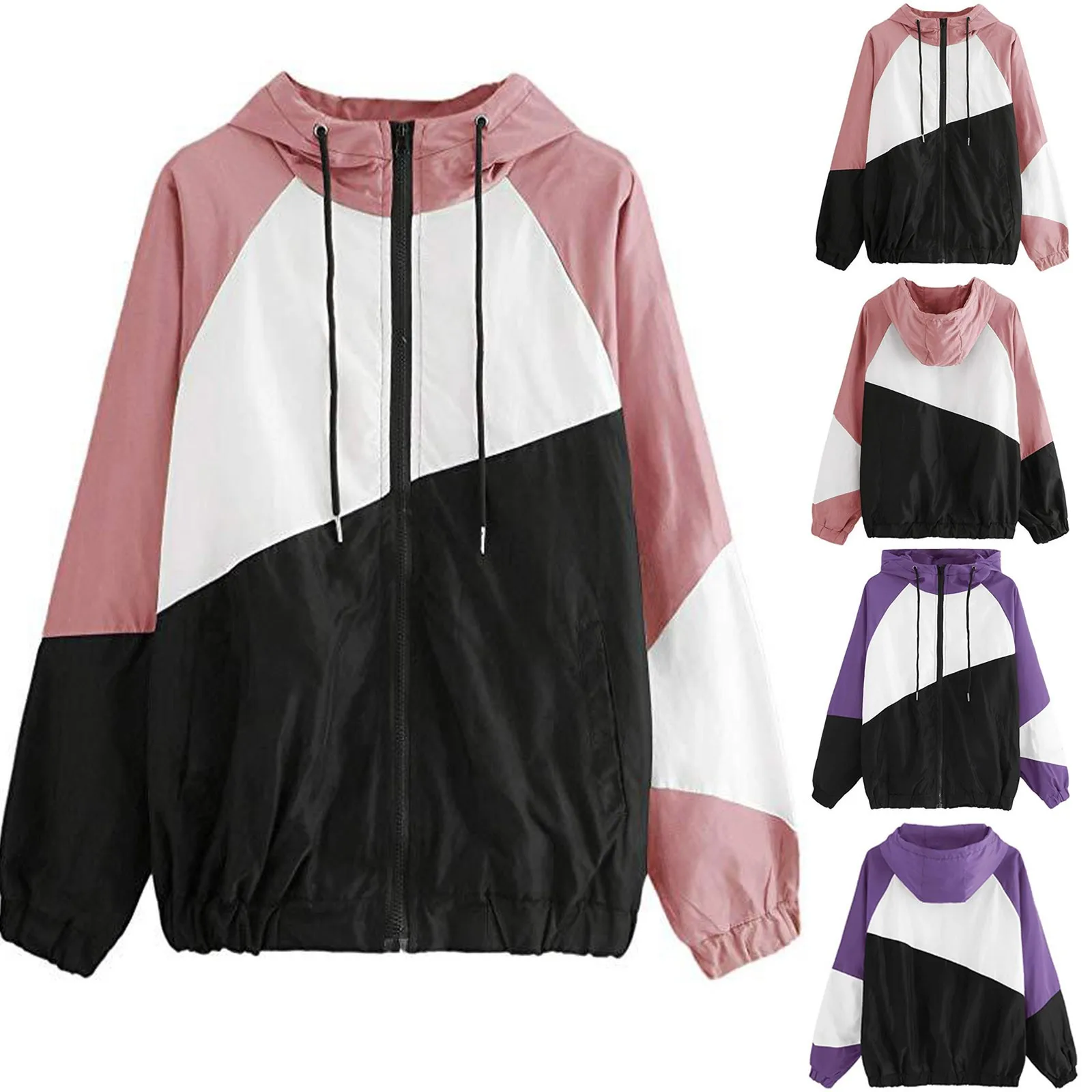 Windbreaker Women Jacket Spring Autumn Long-sleeved Hooded Zipper Contrast Color Coat Basic Jackets For Lady Chaquetas - Jackets - AliExpress