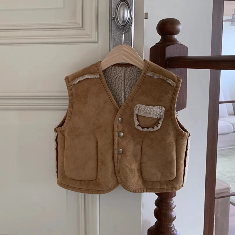 

2023 Winter New Baby Sleeveless Lamb Fleece Vest Infant Girl Double Sided Coat Kids Boys Warm Vest Jacket Toddler Clothes
