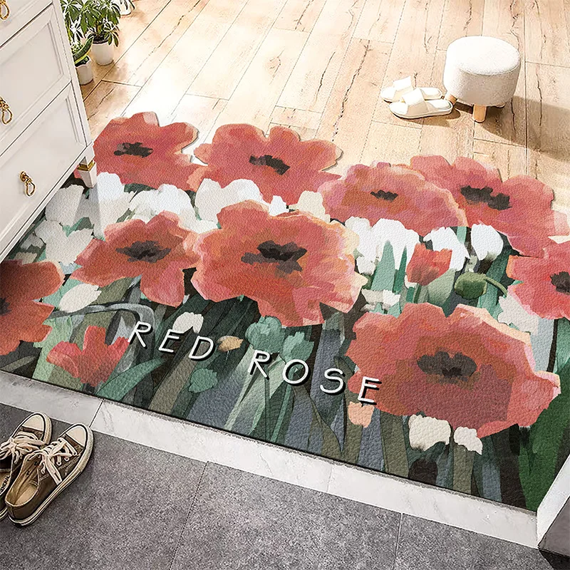 PVC Entry Door Mat, Oil Painting Flower Pattern, Floor Mat, Can be Cut, Oil-proof, Non-slip, Waterproof Household Carpet