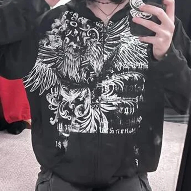 

Grunge Punk Letter Wings Graphic Zip Up Hoodie E-girl Gothic Dark Academia Sweatshirts Y2K Aesthetic Mall Goth Coat Harajuku
