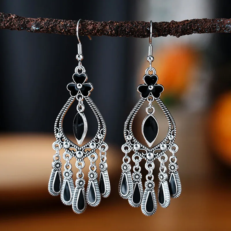 Ethnische Tropfen Öl Blume Wasser Tropfen Vintage Ohrringe für Frauen Einfache Temperament Silber Farbe Legierung Baumeln Ohrring Schmuck – Detail 8