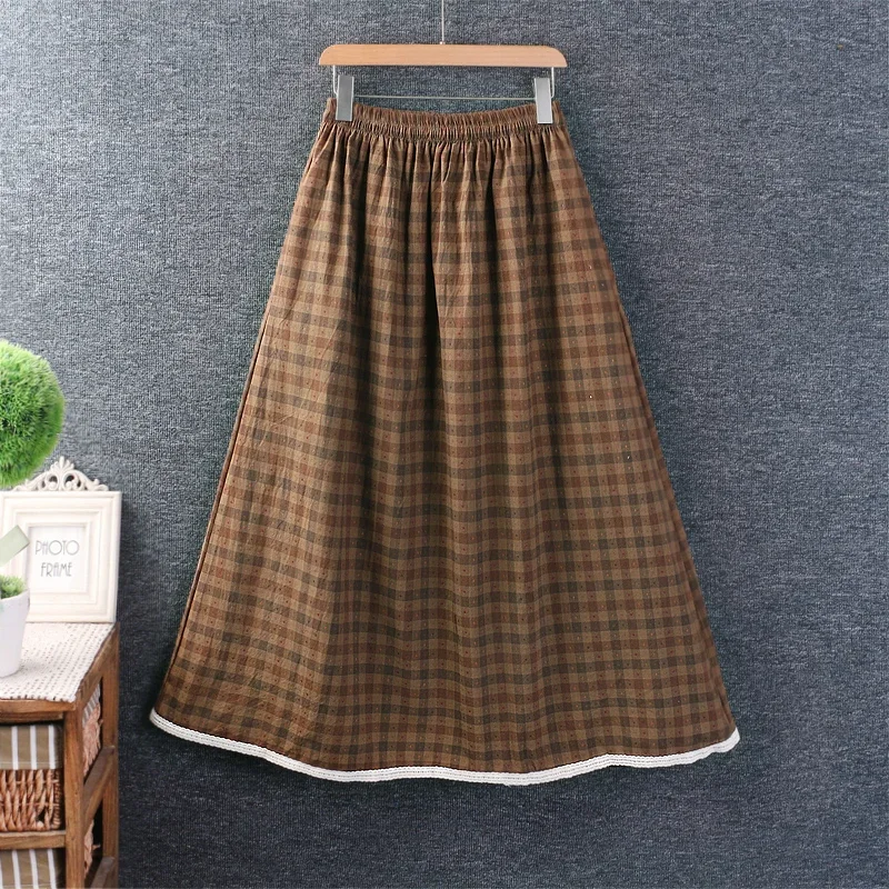 Mori Girl Cotton and Linen Skirt for Women, Elastic Waist, Plaid Vintage Skirt, Casual Loose A-line Skirts, Spring, Japan Style