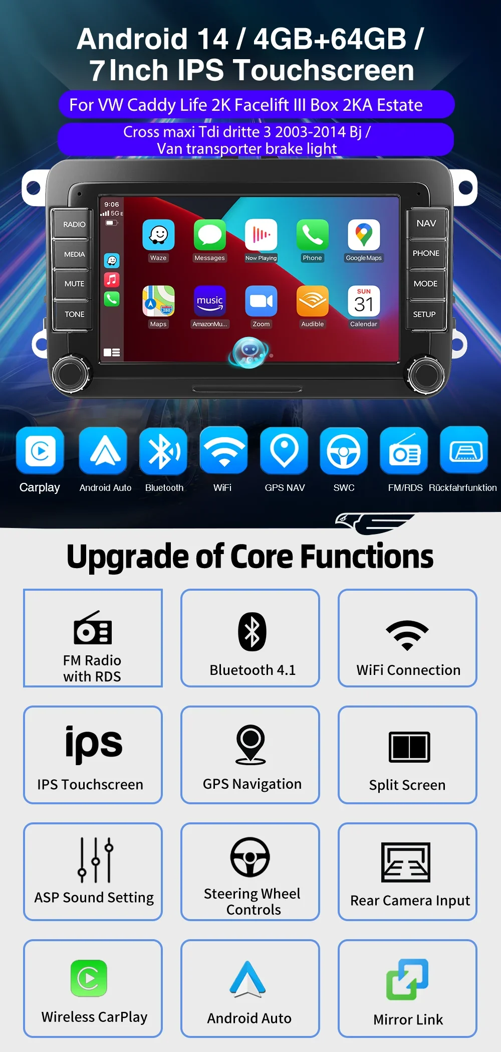 ESSGOO 7/9" Android 14 CarPlay GPS Navi for VW Caddy Life 2K Facelift Cross maxi Car Stereo Radio Rear View Camera Brake Light