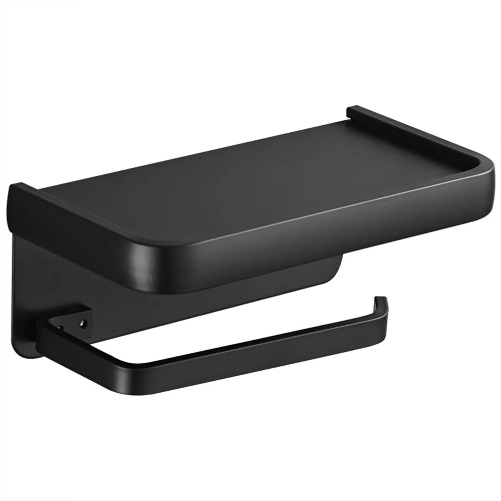 

Bathroom Toilet Paper Holder Roll Holder, Black Toilet Paper Holder No Punch Tissue Holder Wall Mounted with Shelves