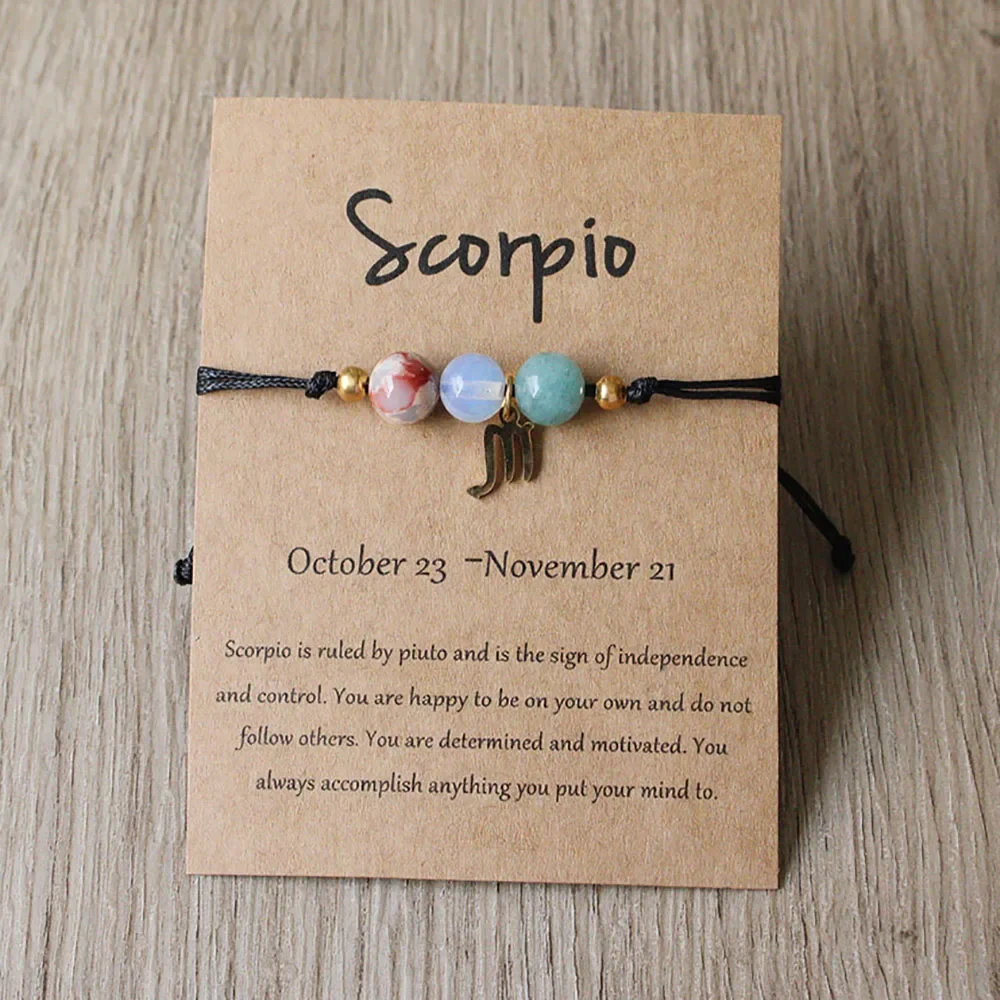 12 Zodiac Signs Natural Stone Charms Bracelet for Women Men Braided Card Paper Bracelet Leo Virgo Libra Gift Adjustable