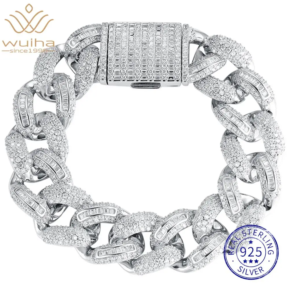 WUIHA Hip Hop Rock 925 Sterling Silver Lab Sapphire High Carbon Diamonds Cuban Bangle Bracelet Tennis Fine Jewelry Wholesale