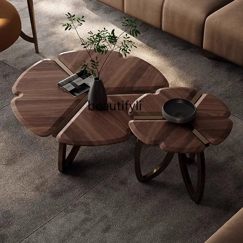 

Simple Modern Style Light Luxury round Tea Table Small Apartment Black Walnut Wooden Tea Table Petal Coffee Table furniture