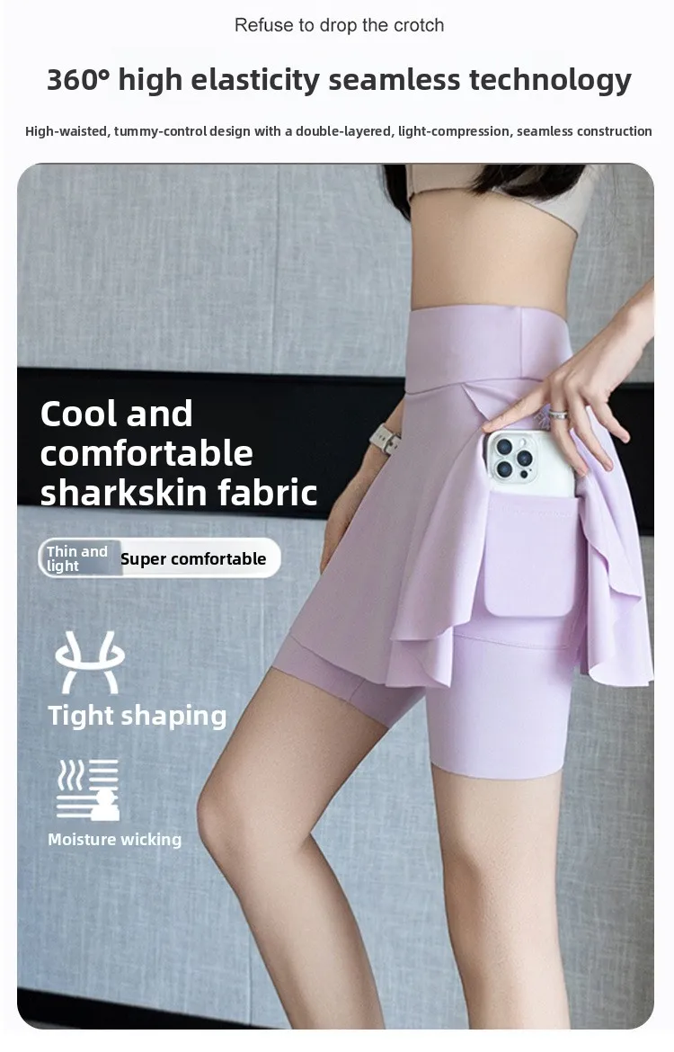 Fake Two-Piece Rock-Leggings, Sommer-Freizeitshorts mit Taschen, Fahrradshorts für Damen, Yoga, Laufen, Outdoor, Anti-Scheuer-Shorts – Detail 5