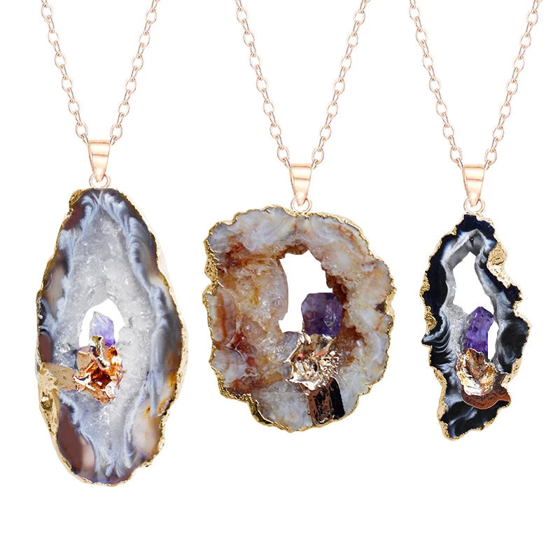 Unpolished Geode Raw Stone Pendant Necklaces for Women with Amethyst Irregular Brazilian Agate Reiki Healing Jewelry