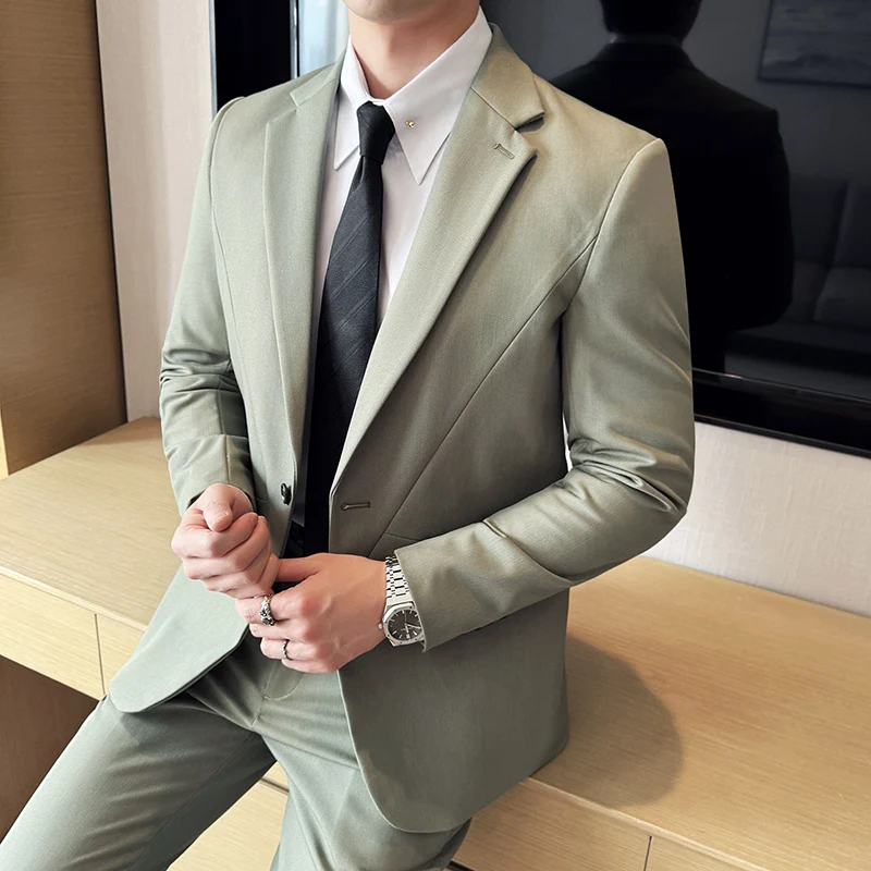 (Jacket+Pant) New Men Pure Color Business Social Wedding Party Suit Fashion Male Banquet Party Slim Fit Dress Blazer and Trouser