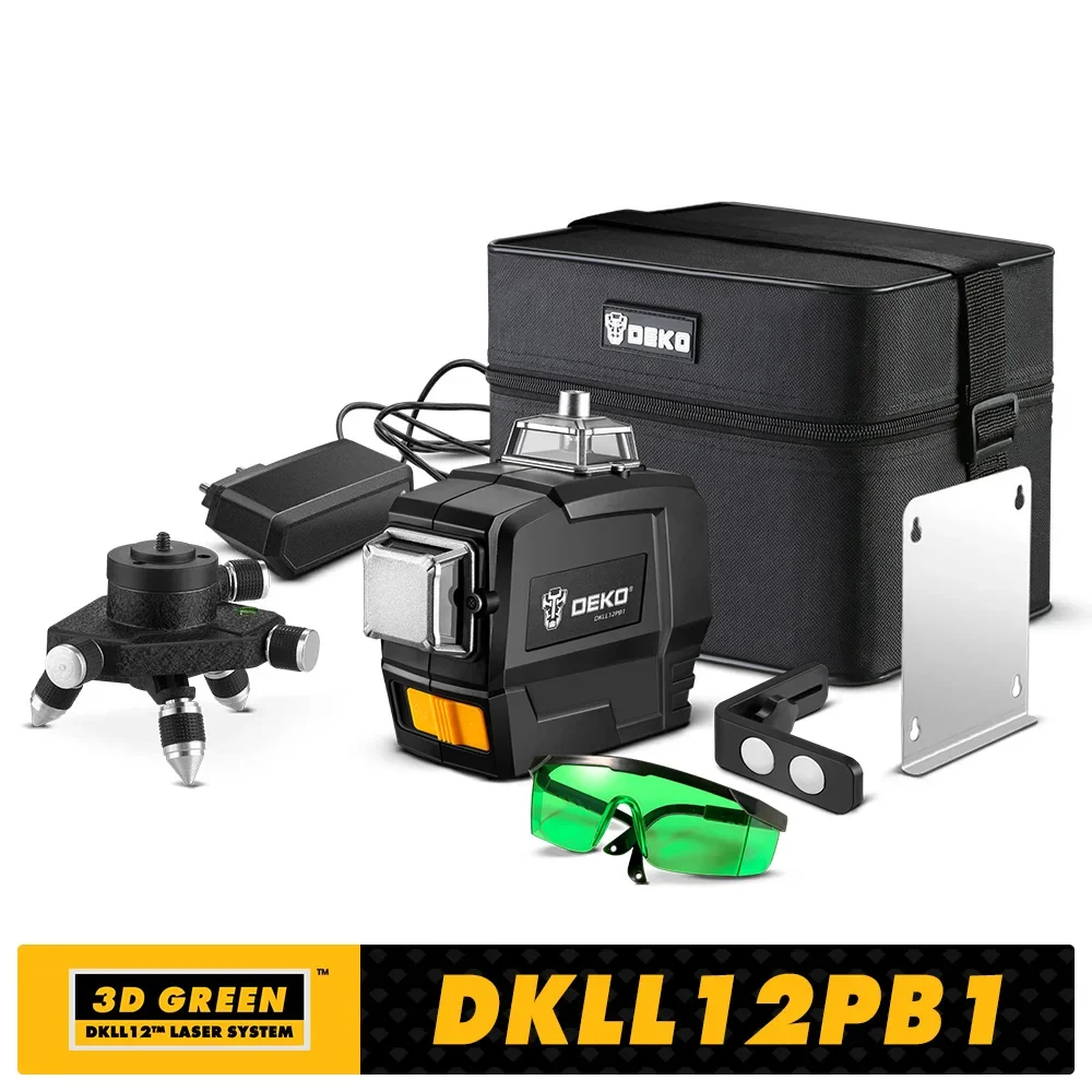 DEKO DKLL12 Series Laser Level Professional Construction Tools 12 Lines Green Self-leveling 360 4D Powerful Measuring Tripod