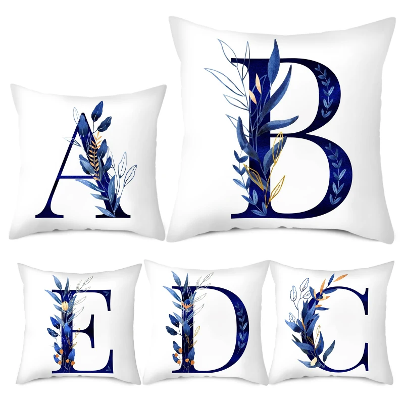 Simple Blue Leaf Alphabet Print Cushion Case 26 Letters Decoration Pillows Case Sofa Chair Livingroom Polyester Throw Pillowcase