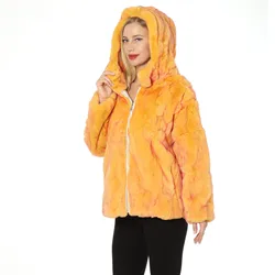 Natural Real Rex Rabbit Fur Coat With Hood Woman Casual Autumn Winter Furry Warm Purple Orange blue Outerwear