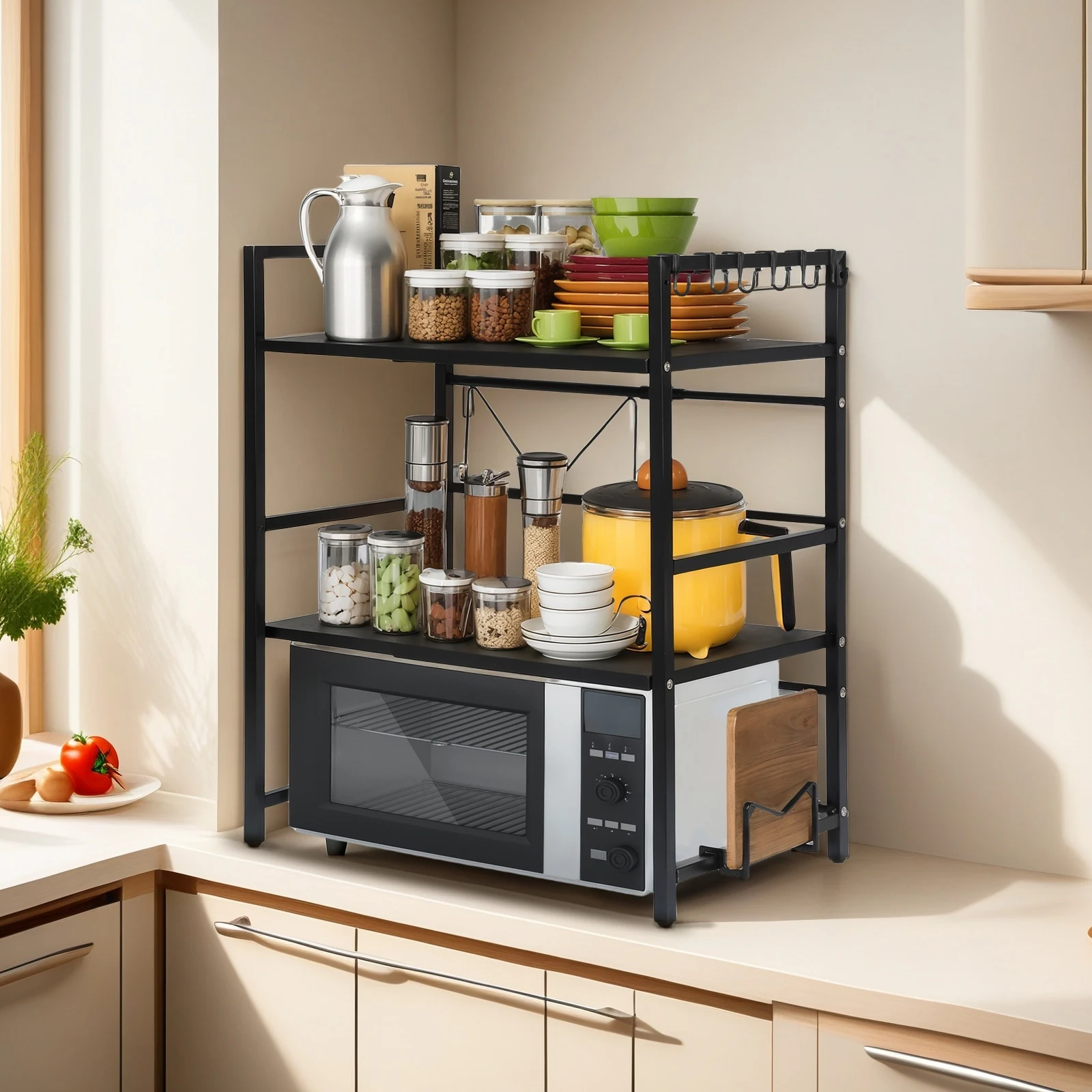 2 Tier Microwave Oven Rack with Hooks Seasoning Storage Rack Condiment Organizer Stand for Countertop Kitchen Utensils Tableware