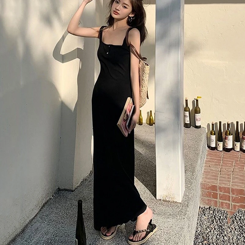Black Spaghetti Strap Style Long Maxi Dress for Women