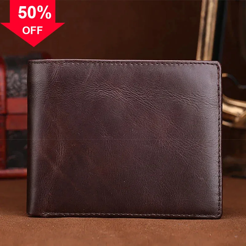 Oil Wax Cowhide Purse Wallets For Women & Men Vintage Famous Brand Pocket ID Cards Holder Coin Genuine Leather Short Wallet