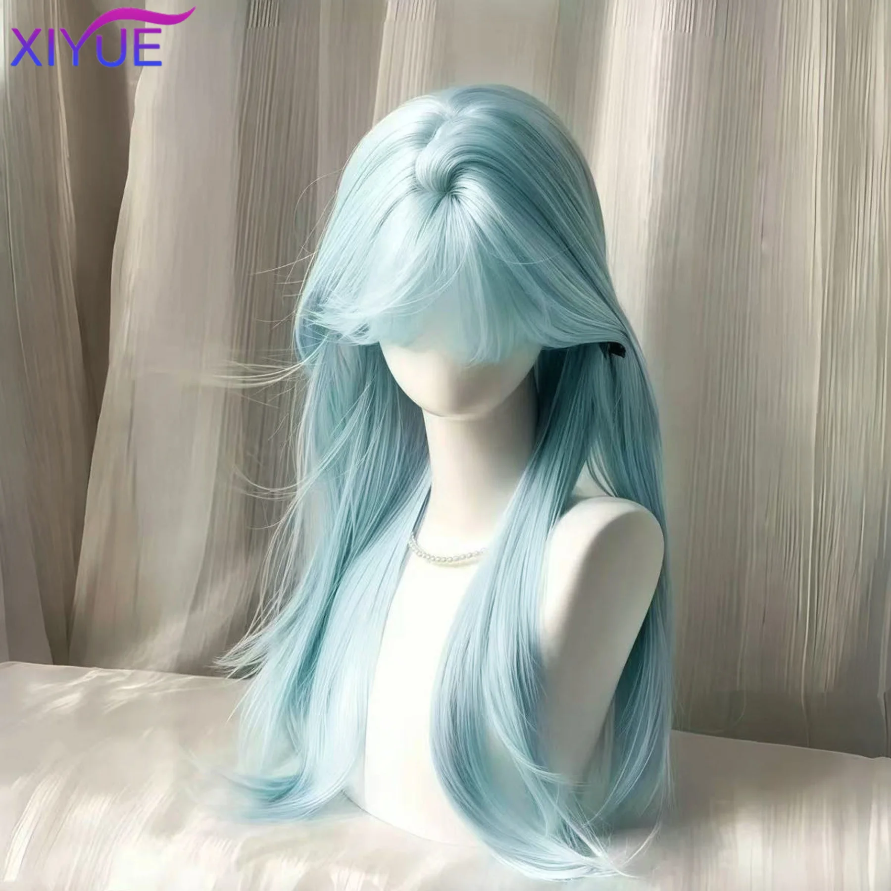 XIYUE Long curly hair Synthetic Wigs with Bangs Blue Green Cosplay Party Lolita Hair Wigs for Women Natural Heat Resistant Wig