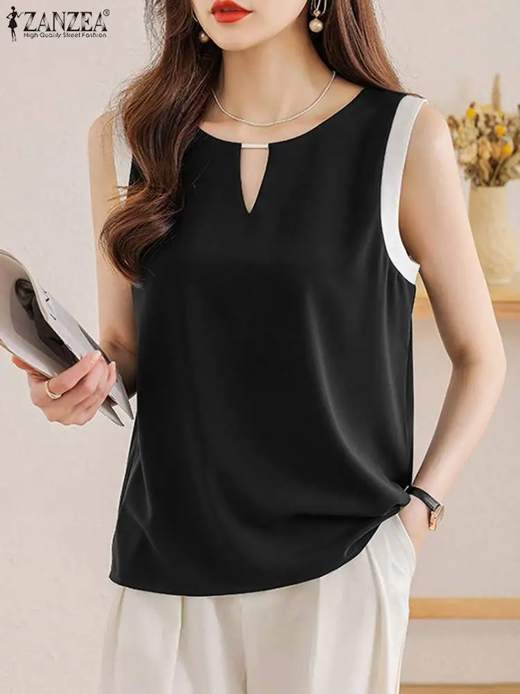 

Fashion Patchwork Blouse Summer Camis ZANZEA Casual OL Work Shirt Female V Neck Sleeveless Tanks Causal Holiday Tops Oversize
