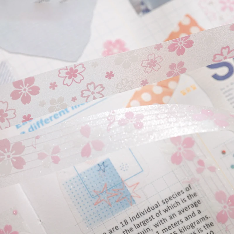 Mr.Paper 4롤 스프링 벚꽃 시리즈 글리터 PET 와시 테이프 핑크 사쿠라 장식 저널 스크랩북 DIY 다이어리 캘린더
