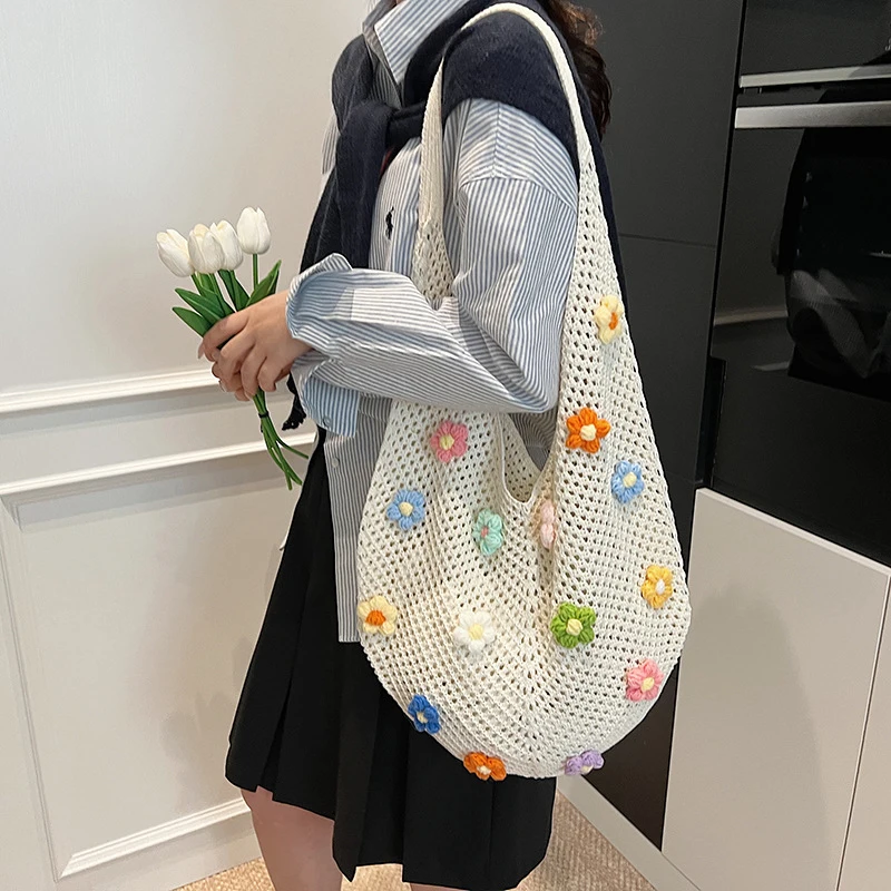 Women Flower Knitted Shoulder Bag Fashion Handbag Lightweight Crochet Tote Bag Casual Top Handle Bag Outdoor Travel Bag