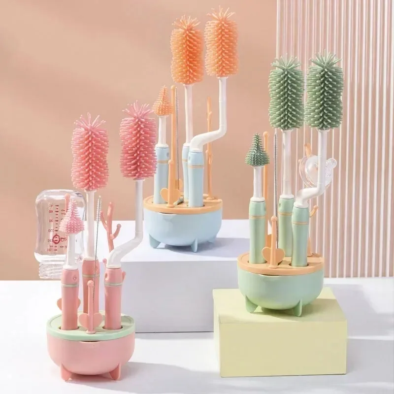 Baby Silicone Bottle** Brush Long Handle^ Cleaning Brush Drying% Rack Combination 360-degree Rotating Cleaning Bottle Brush Set