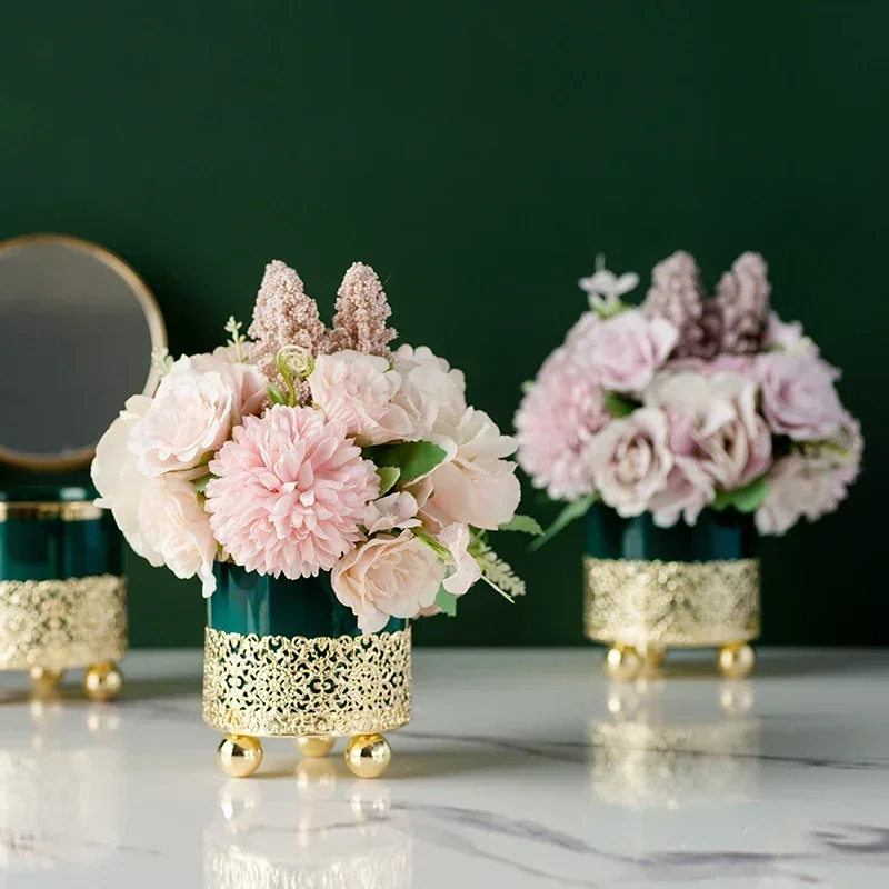 현대 금속 프레임 세라믹 꽃병 및 인공 꽃 액세서리, 식탁 장식, 홈 거실 데스크탑 장식 공예