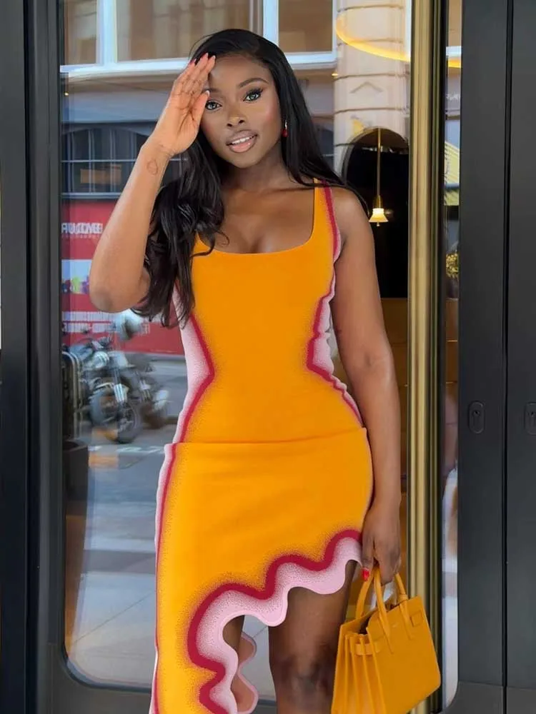 Robes d’été pour femmes, robe débardeur à col rond, sans manches, streetwear, coupe ajustée, robe courte orange, vente en gros, dropshipping